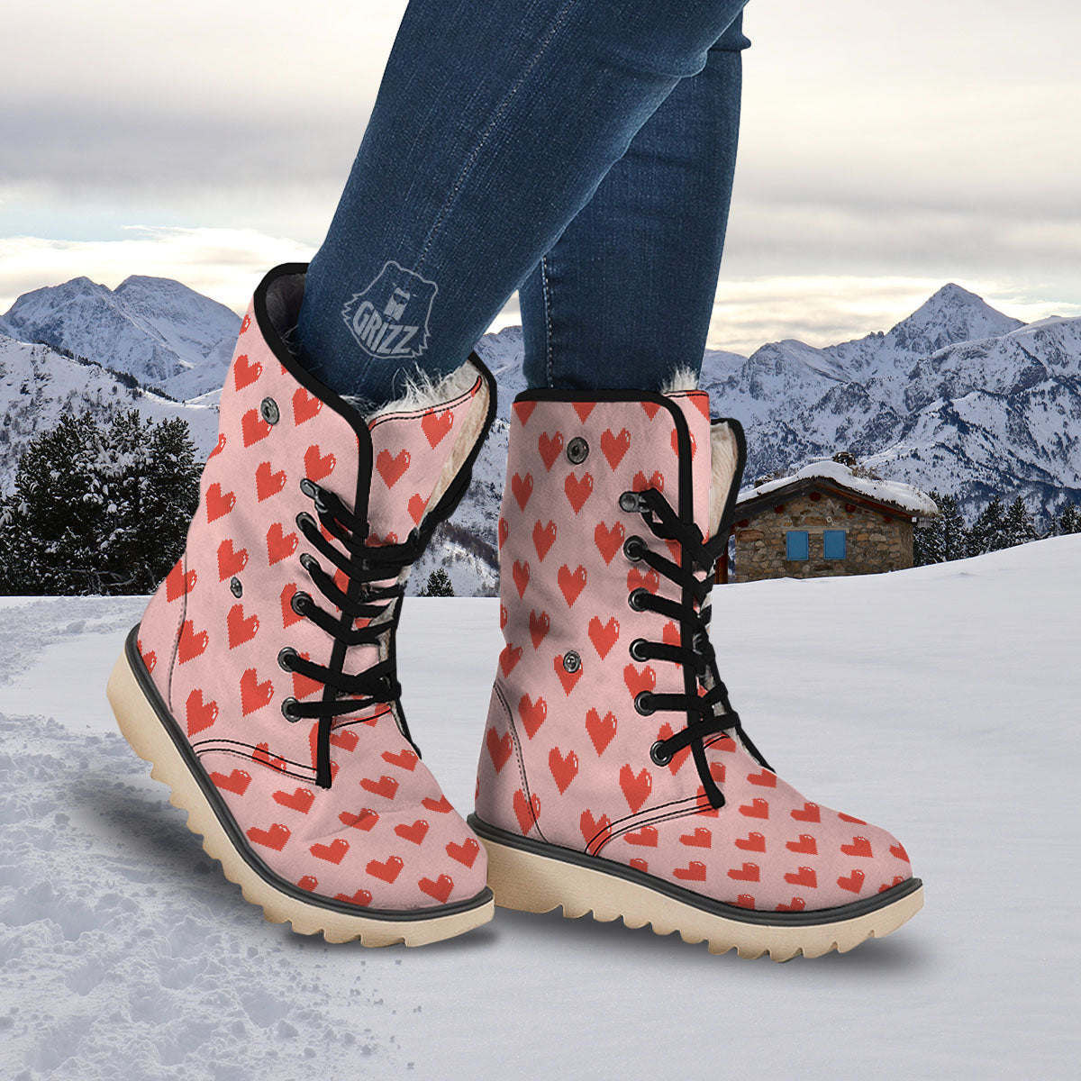 Heart Pixel Print Pattern Snow Boots-grizzshop