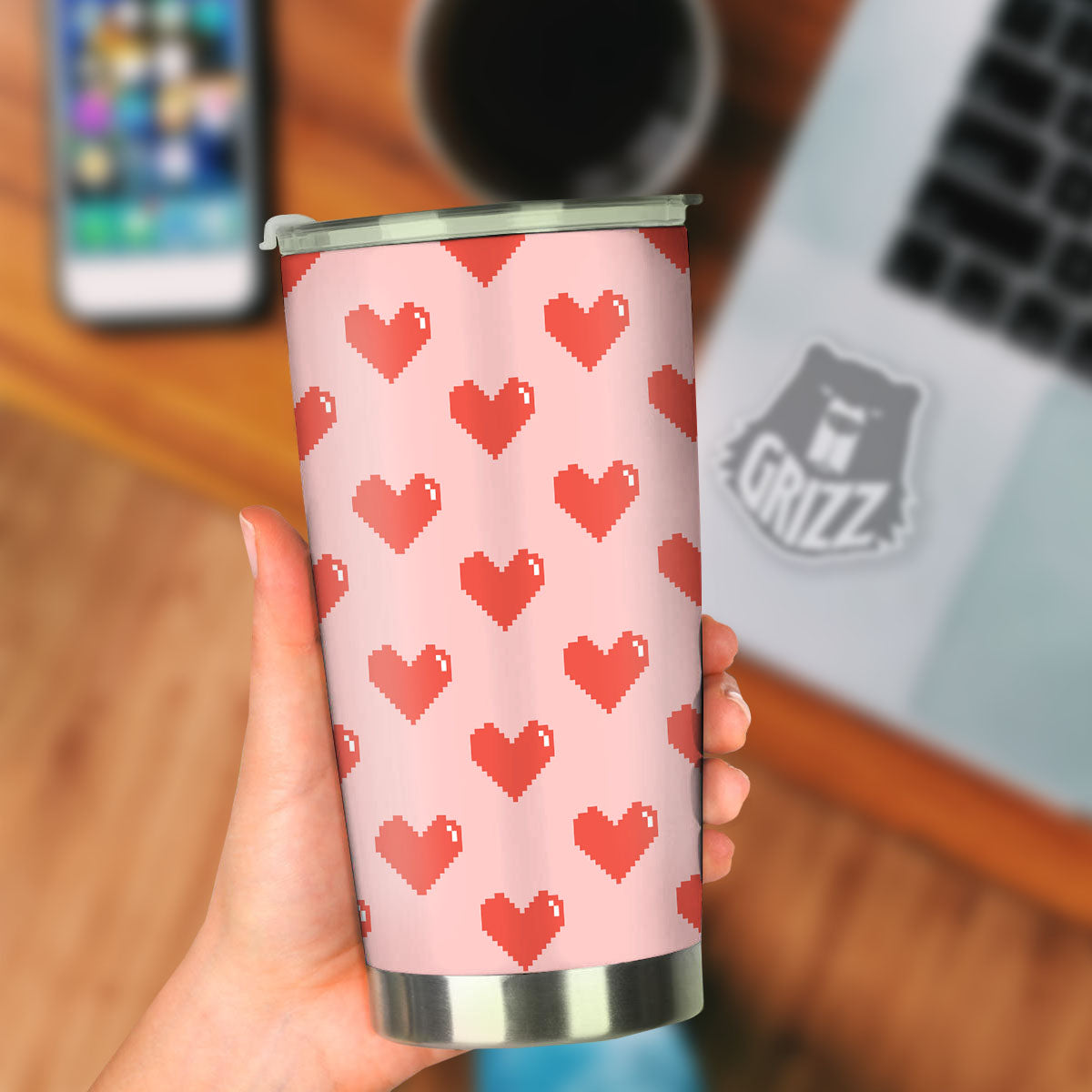 Heart Pixel Print Pattern Tumbler-grizzshop