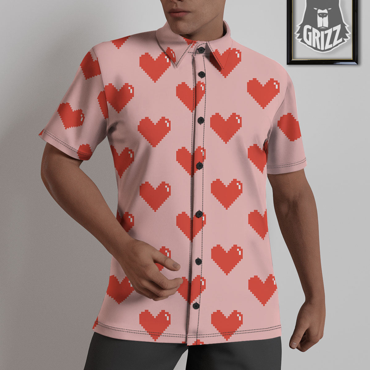 Heart Pixel Print Pattern Untucked Shirts-grizzshop