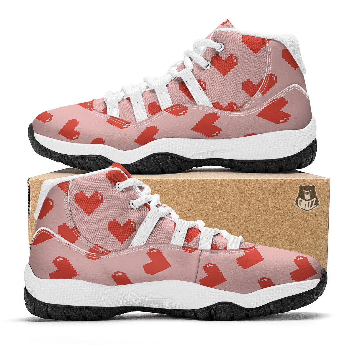 Heart Pixel Print Pattern White Bball Shoes-grizzshop