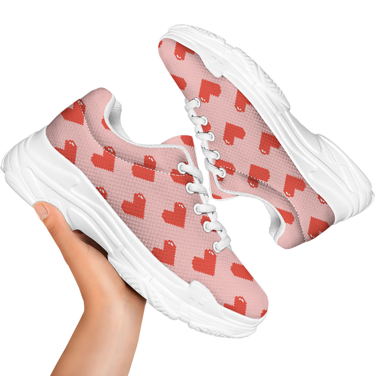 Heart Pixel Print Pattern White Chunky Shoes-grizzshop