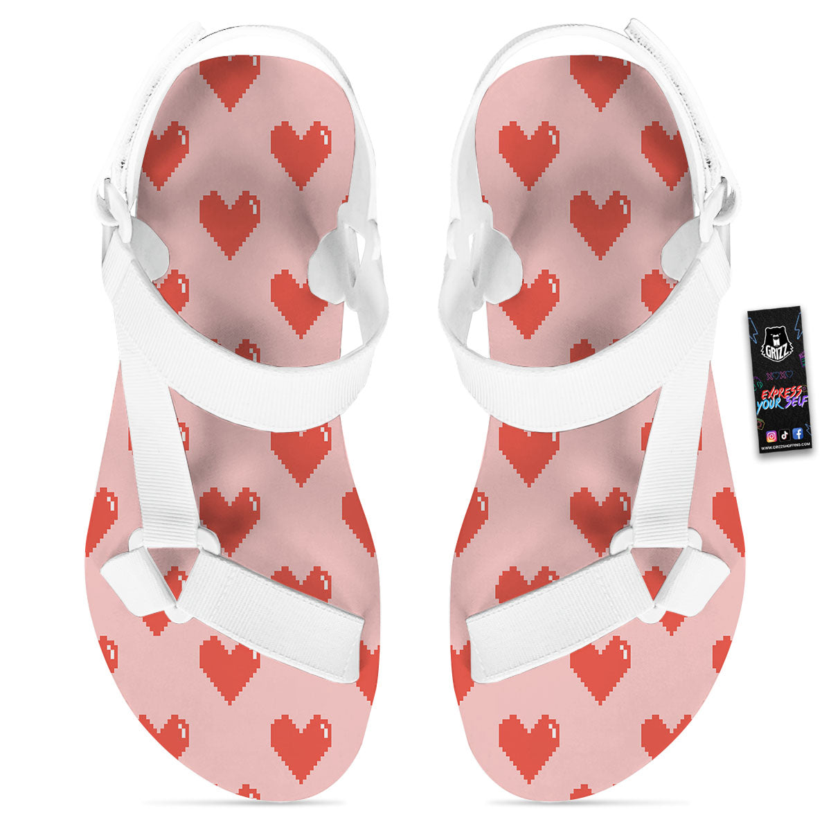 Heart Pixel Print Pattern White Open Toe Sandals-grizzshop