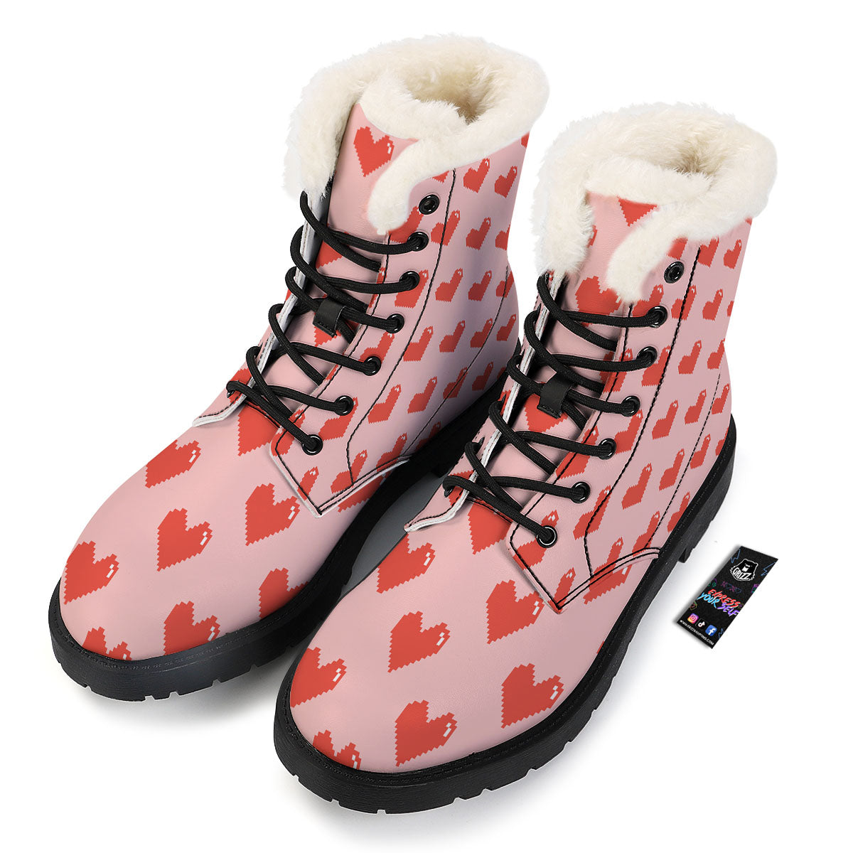 Heart Pixel Print Pattern Winter Boots-grizzshop