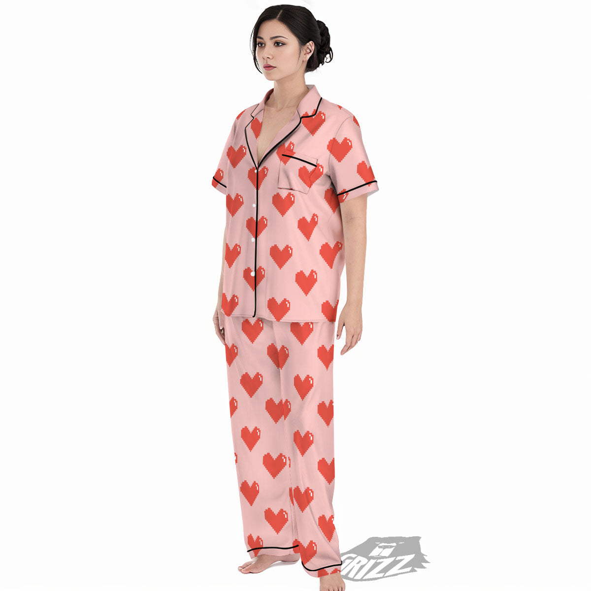 Heart Pixel Print Pattern Women's Pajamas Set-grizzshop