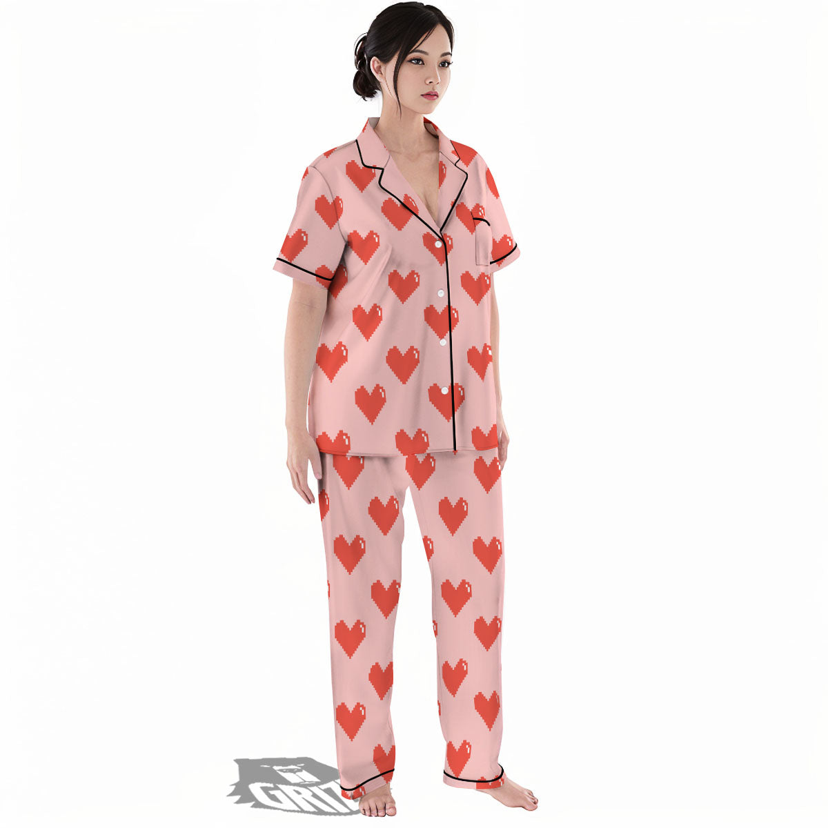 Heart Pixel Print Pattern Women's Pajamas Set-grizzshop