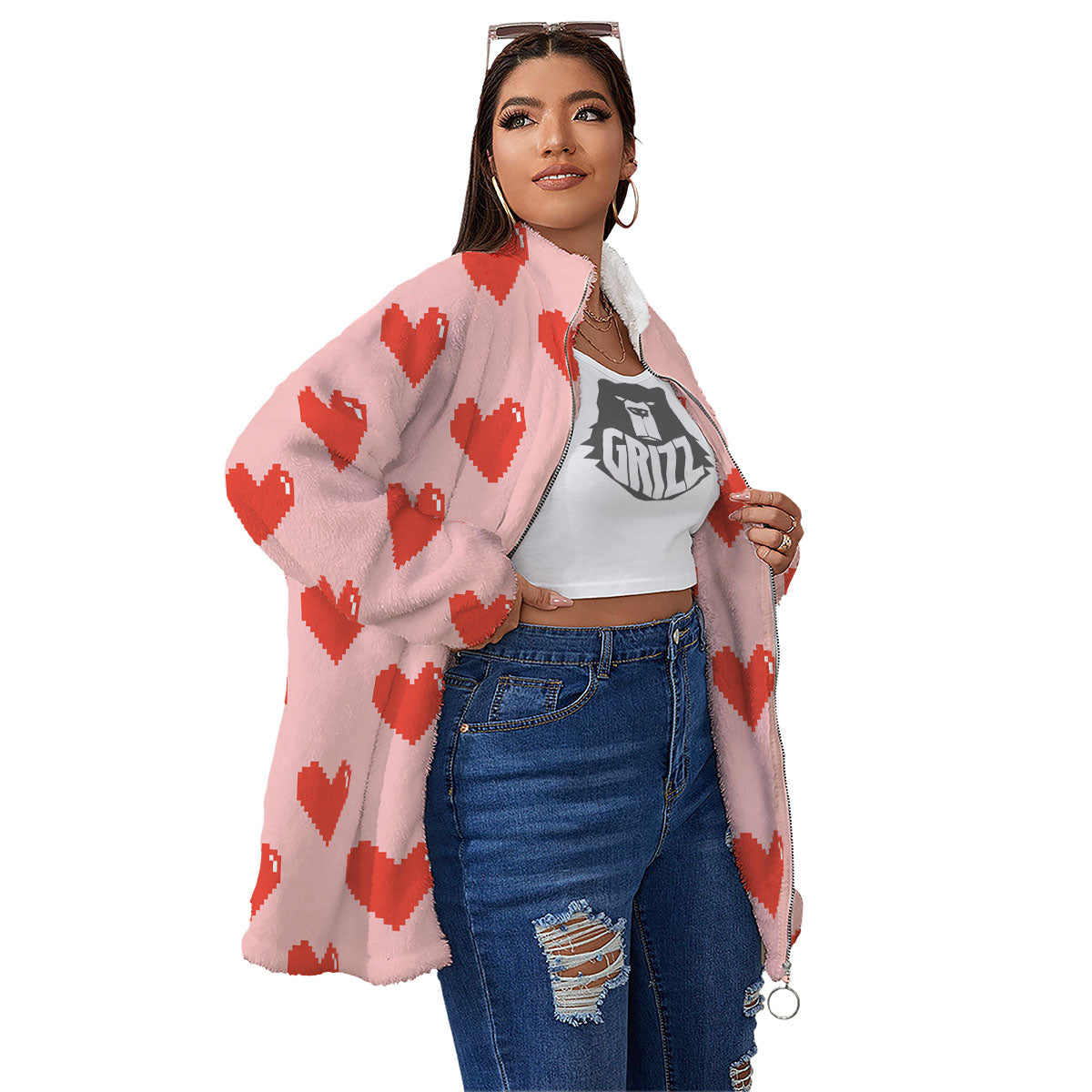 Heart Pixel Print Pattern Women's Sherpa Jacket-grizzshop
