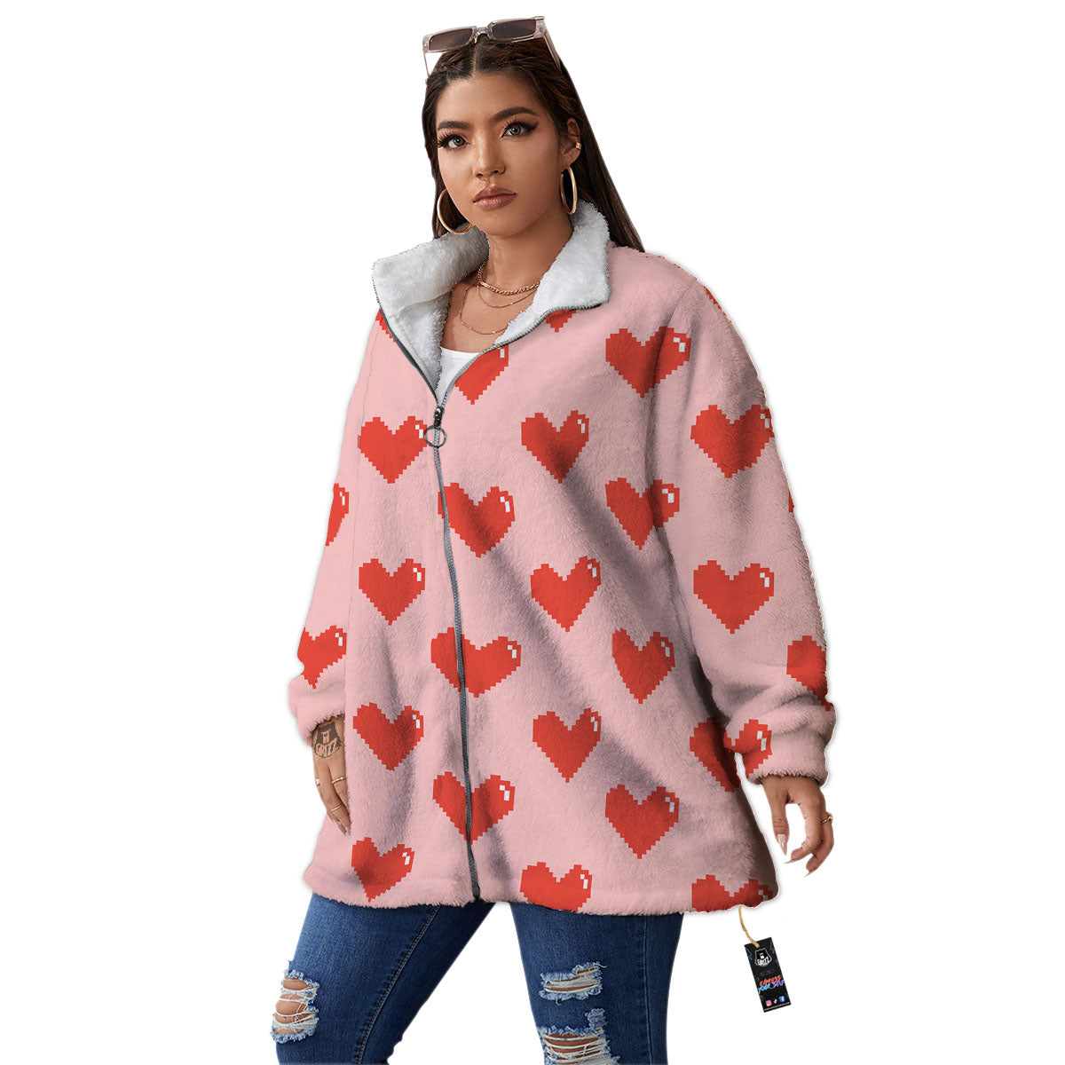 Heart Pixel Print Pattern Women's Sherpa Jacket-grizzshop