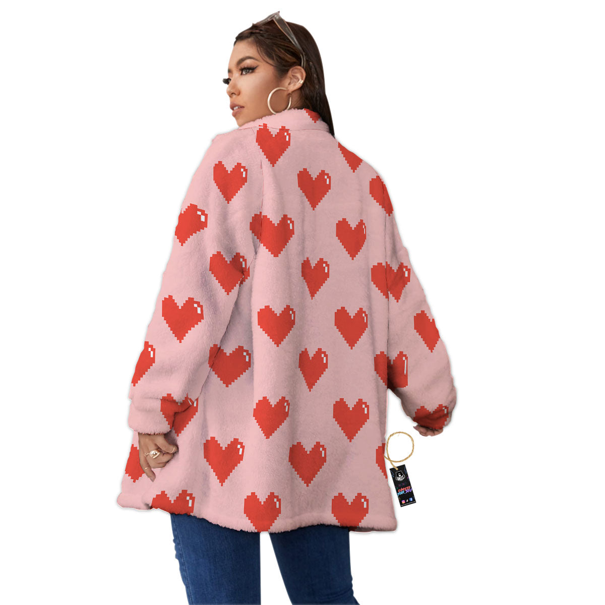 Heart Pixel Print Pattern Women's Sherpa Jacket-grizzshop