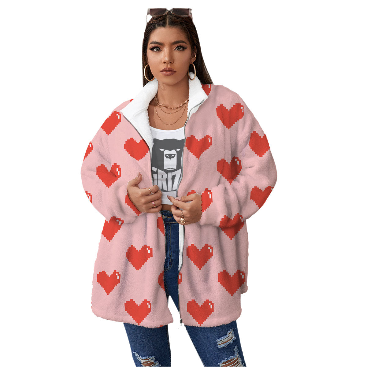 Heart Pixel Print Pattern Women's Sherpa Jacket-grizzshop