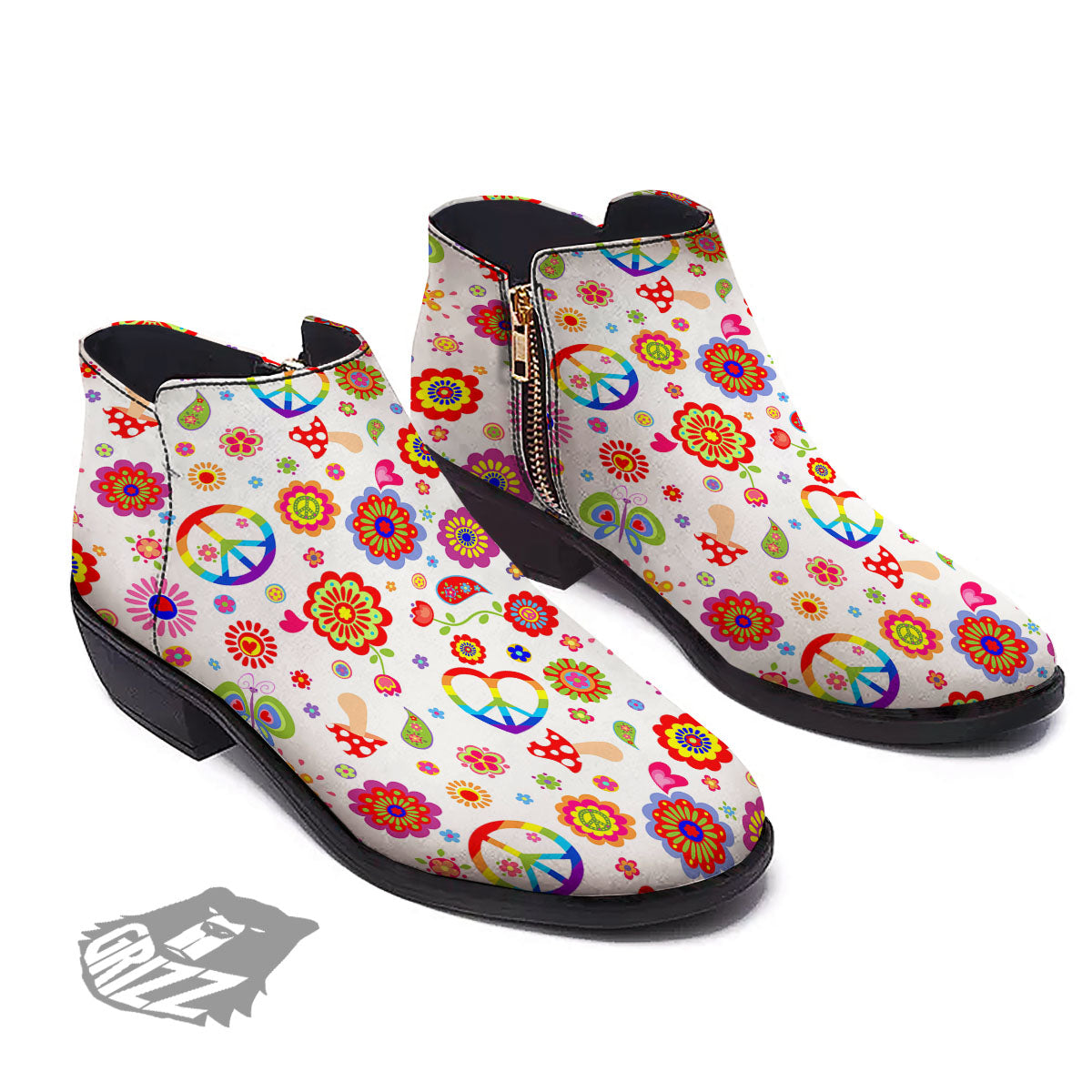 Heart Psychedelic Peace Sign Print Pattern Ankle Boots-grizzshop