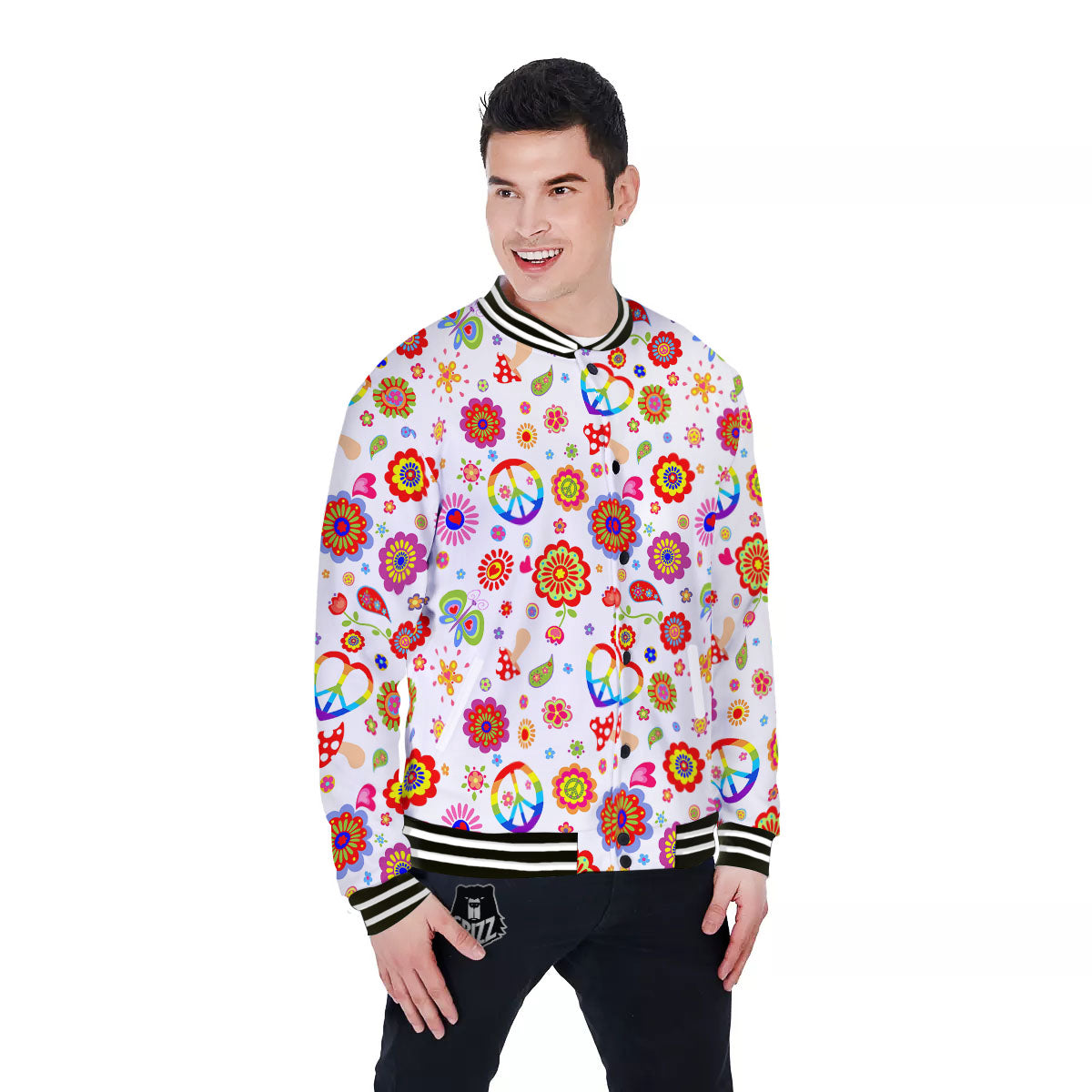 Heart Psychedelic Peace Sign Print Pattern Baseball Jacket-grizzshop
