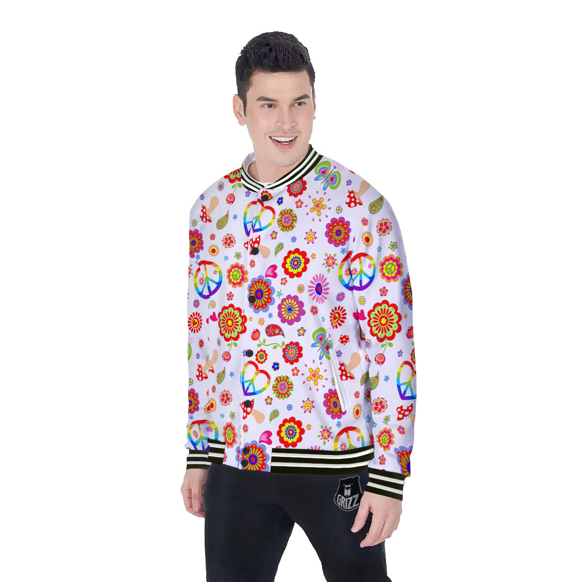 Heart Psychedelic Peace Sign Print Pattern Baseball Jacket-grizzshop