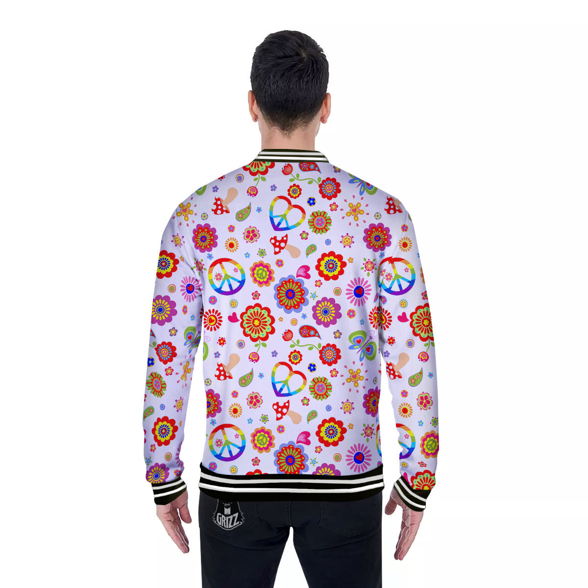 Heart Psychedelic Peace Sign Print Pattern Baseball Jacket-grizzshop