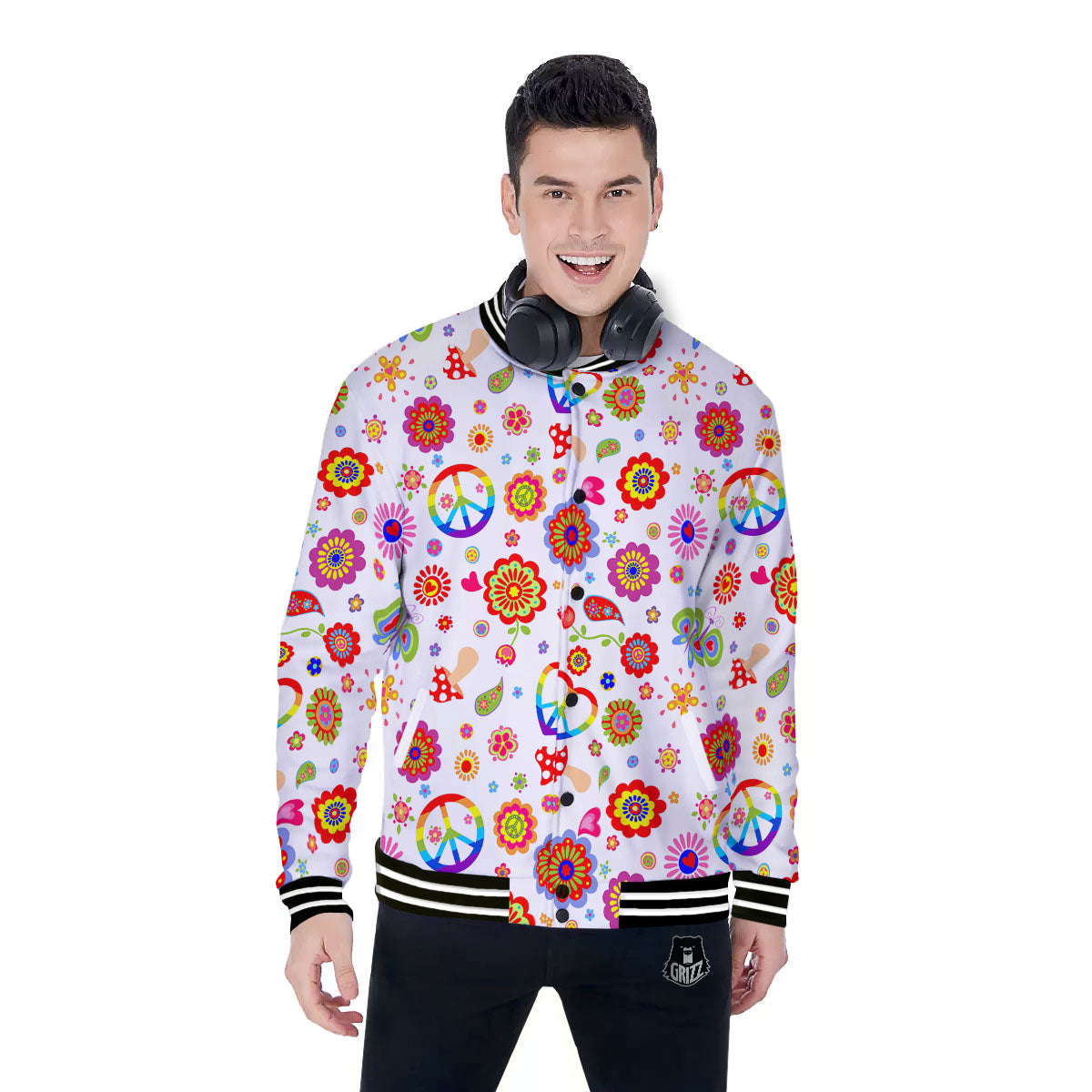 Heart Psychedelic Peace Sign Print Pattern Baseball Jacket-grizzshop