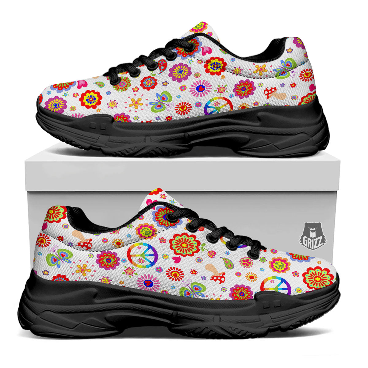 Heart Psychedelic Peace Sign Print Pattern Black Chunky Shoes-grizzshop