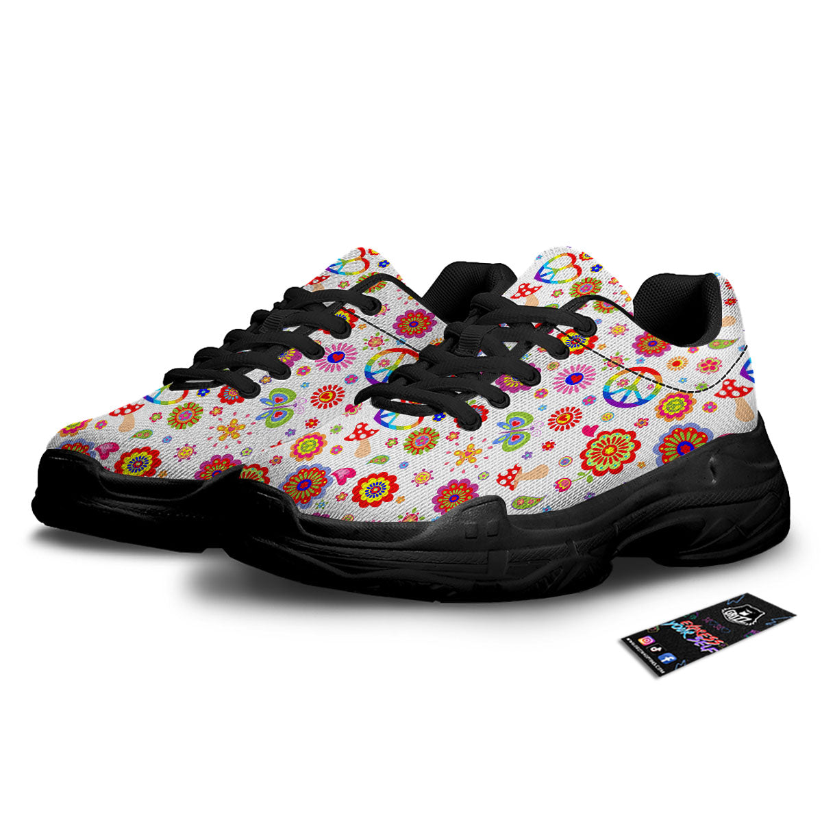 Heart Psychedelic Peace Sign Print Pattern Black Chunky Shoes-grizzshop