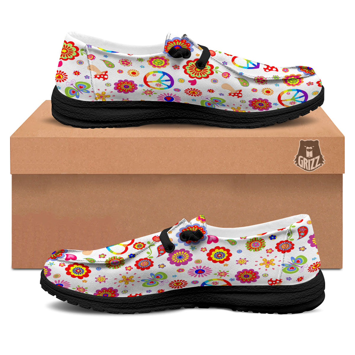 Heart Psychedelic Peace Sign Print Pattern Black Loafers-grizzshop