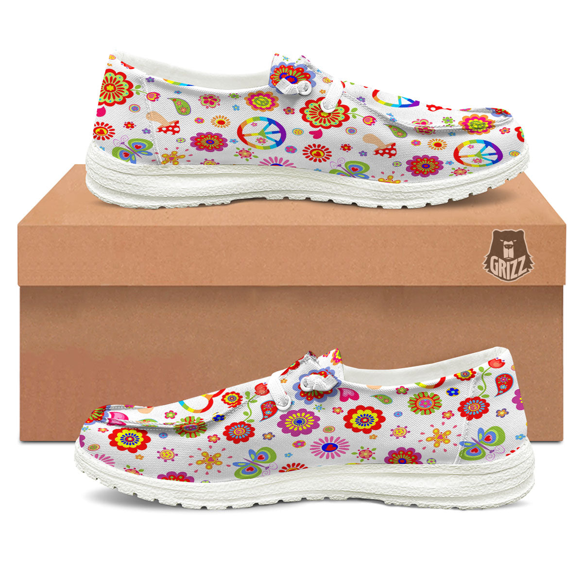 Heart Psychedelic Peace Sign Print Pattern Black Loafers-grizzshop