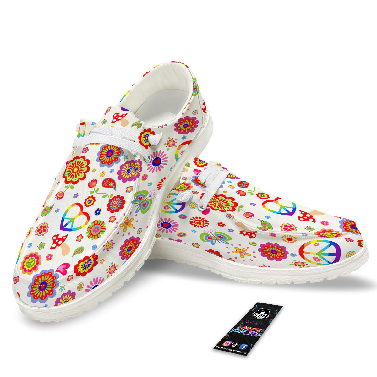 Heart Psychedelic Peace Sign Print Pattern Black Loafers-grizzshop