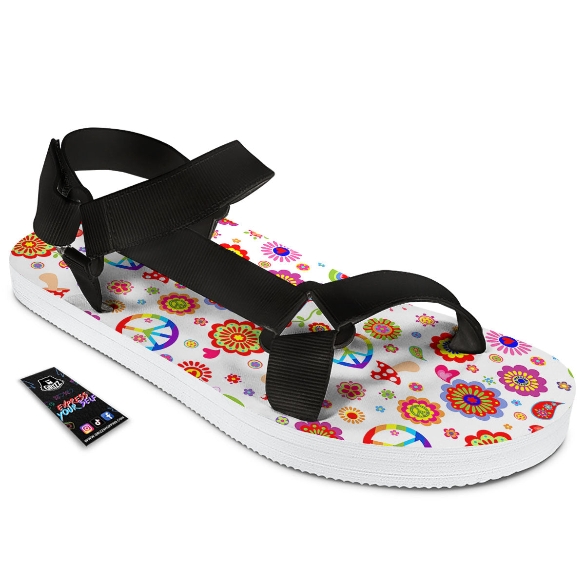 Heart Psychedelic Peace Sign Print Pattern Black Open Toe Sandals-grizzshop