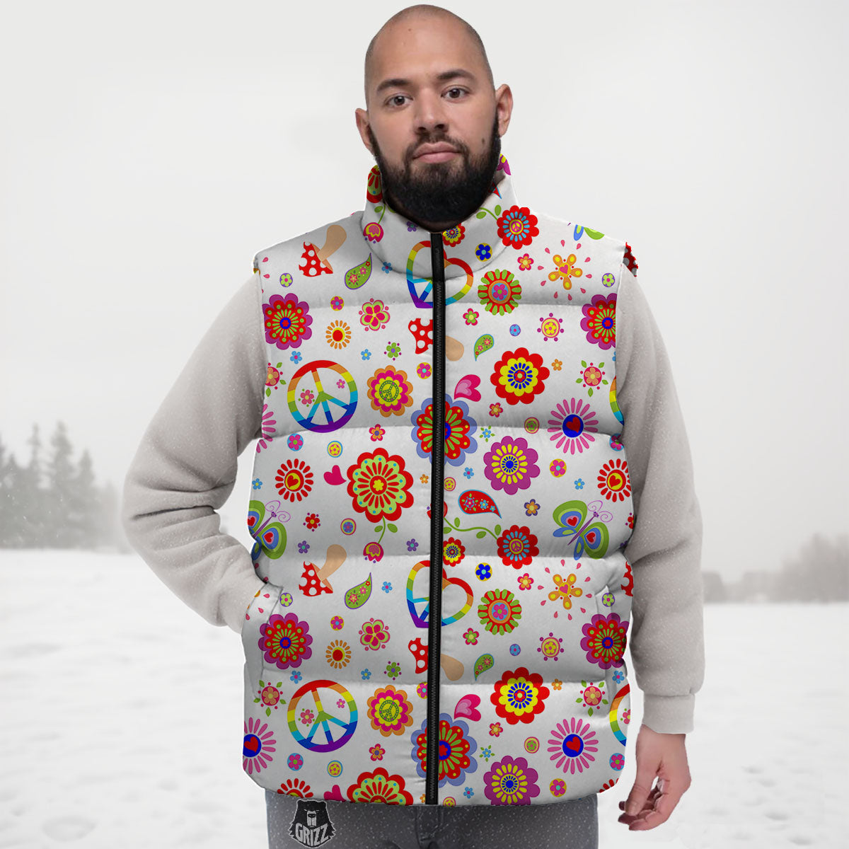 Heart Psychedelic Peace Sign Print Pattern Down Vest