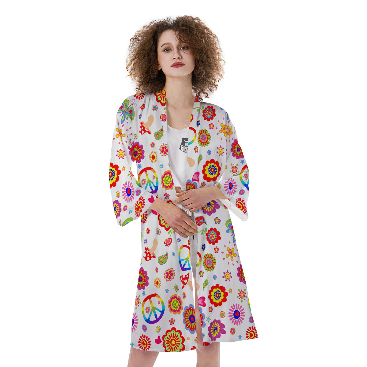 Heart Psychedelic Peace Sign Print Pattern Kimono-grizzshop