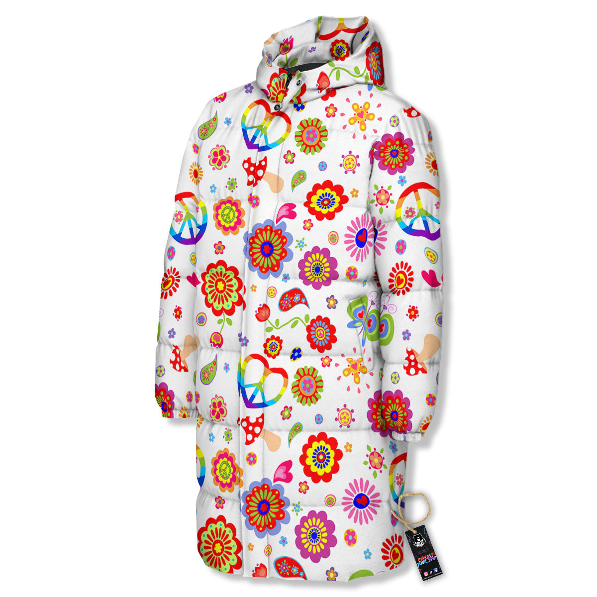 Heart Psychedelic Peace Sign Print Pattern Long Down Jacket-grizzshop