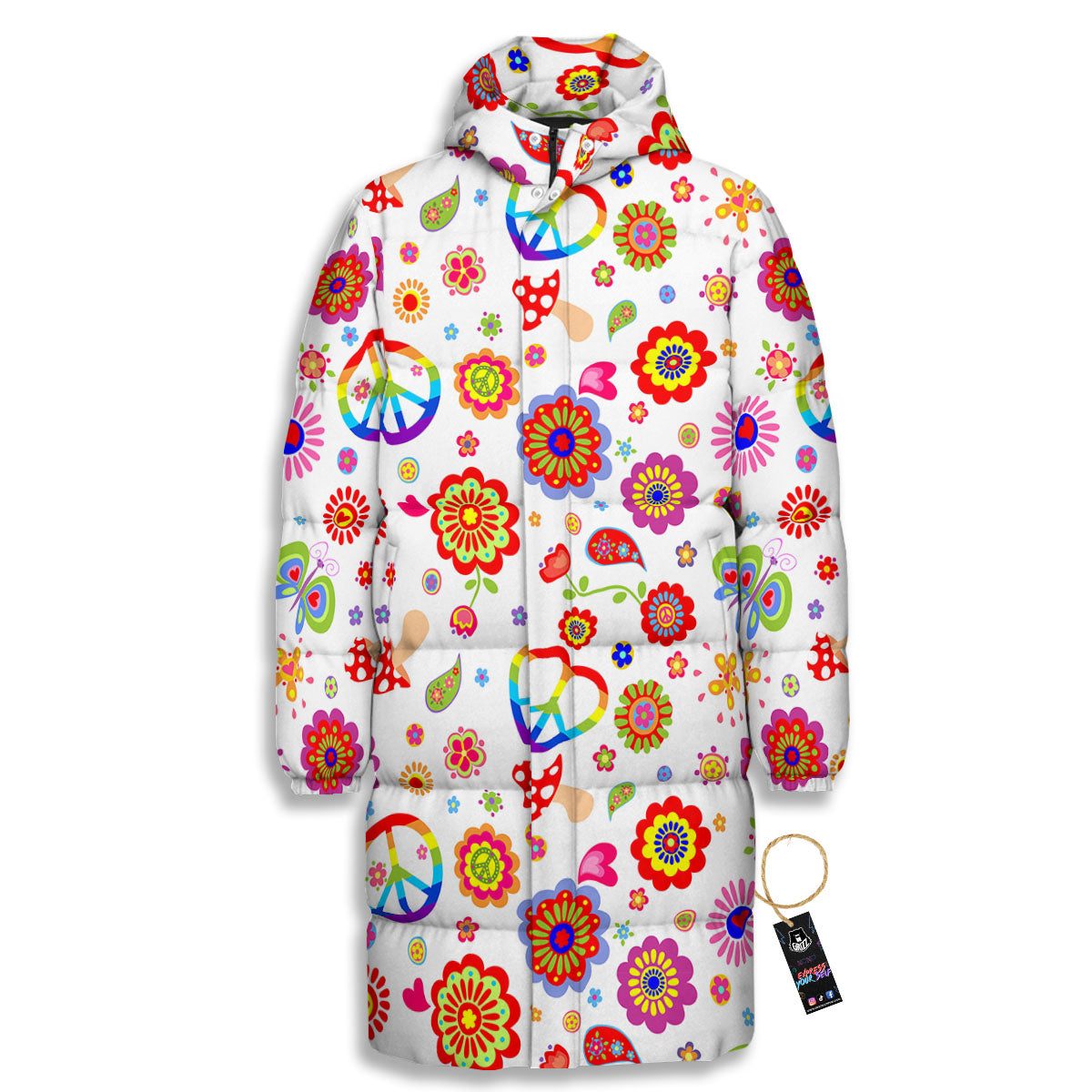 Heart Psychedelic Peace Sign Print Pattern Long Down Jacket-grizzshop