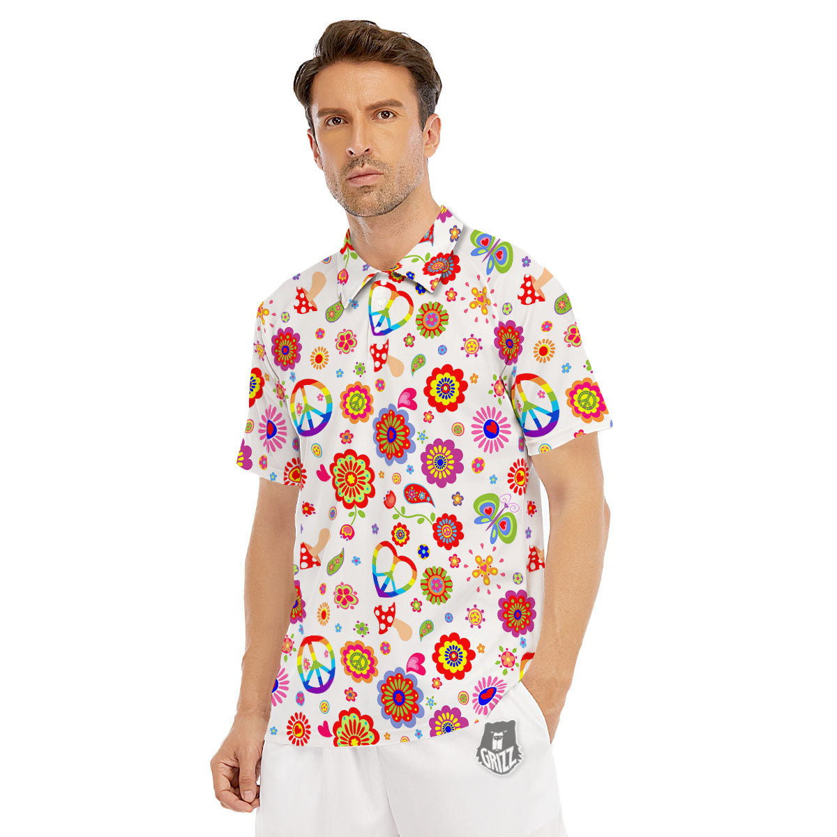 Heart Psychedelic Peace Sign Print Pattern Men's Golf Shirts-grizzshop