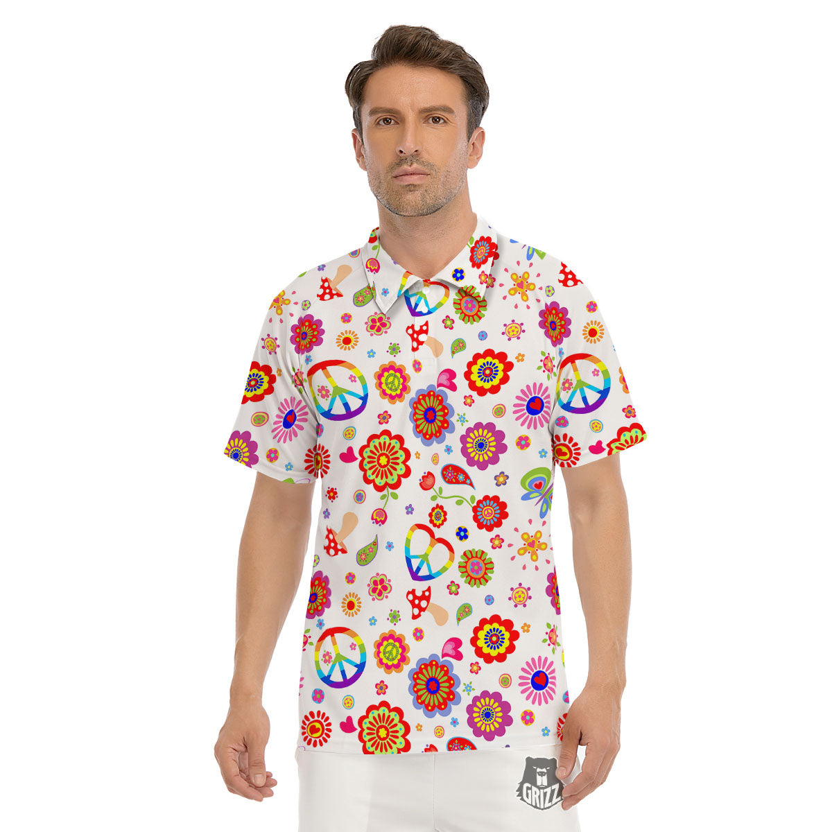 Heart Psychedelic Peace Sign Print Pattern Men's Golf Shirts-grizzshop