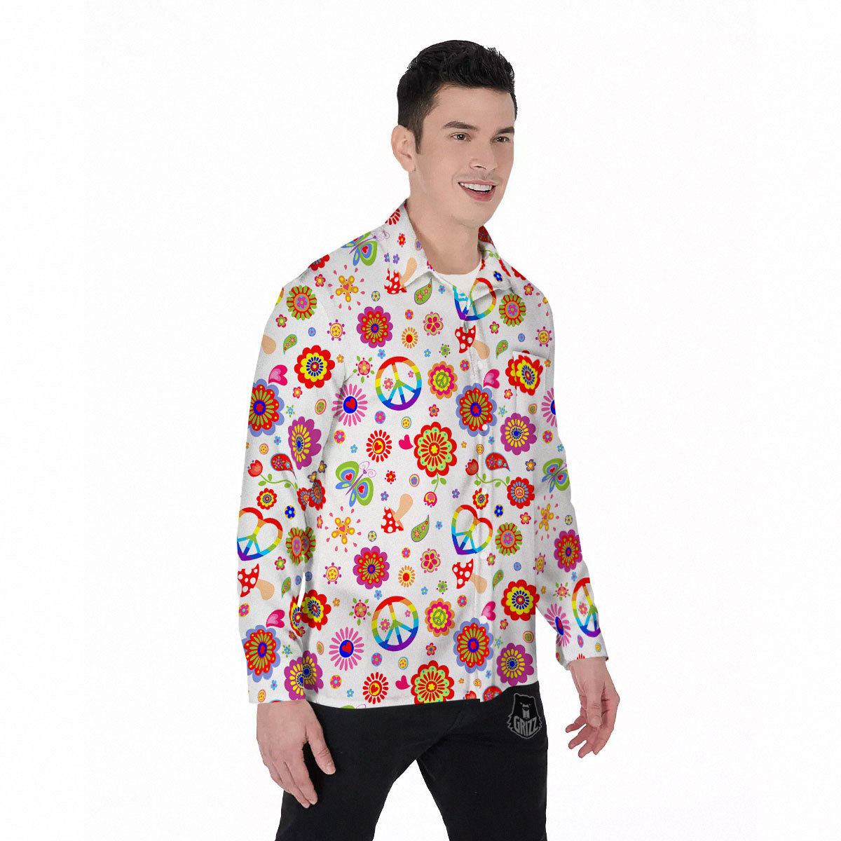 Heart Psychedelic Peace Sign Print Pattern Men's Long Sleeve Shirts-grizzshop