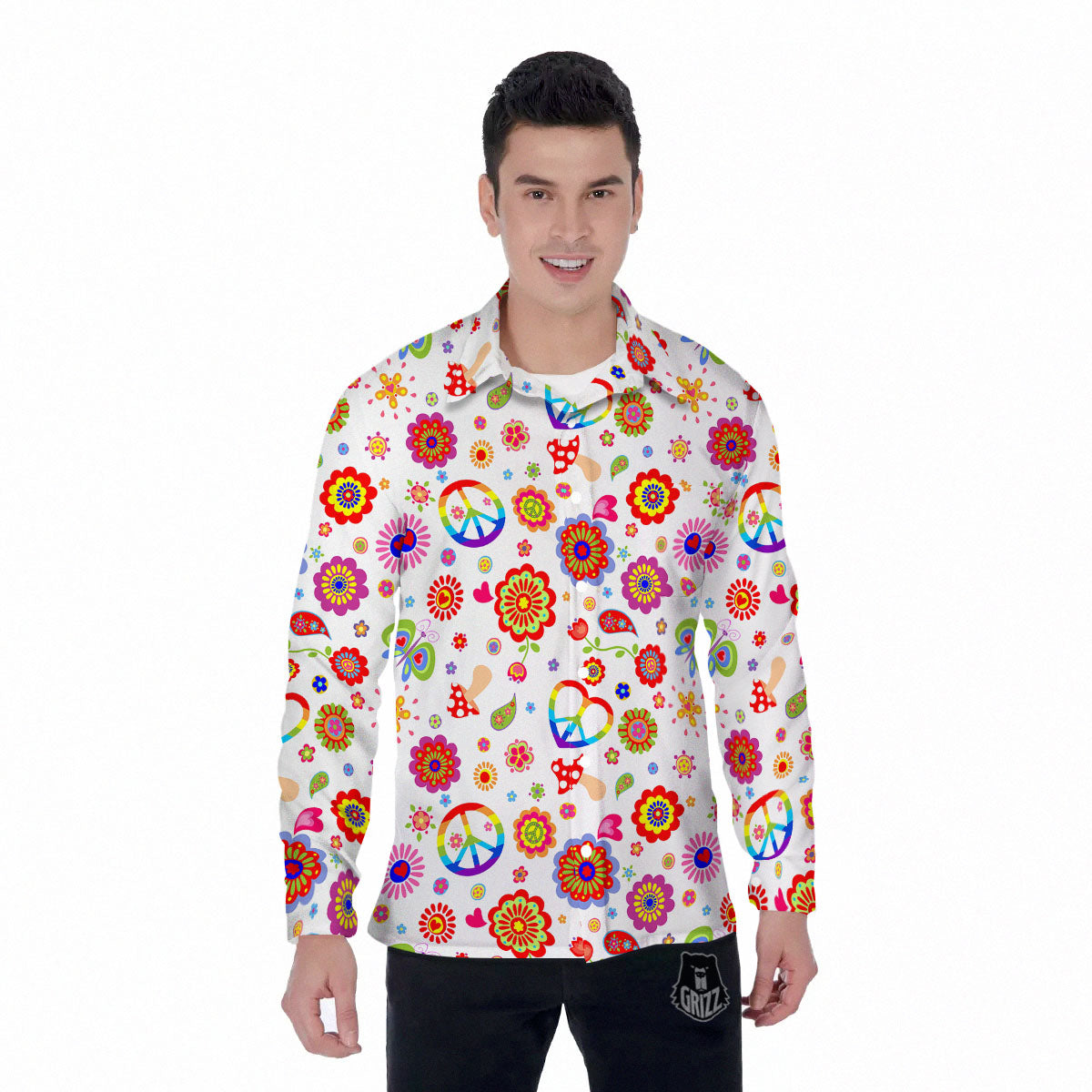 Heart Psychedelic Peace Sign Print Pattern Men's Long Sleeve Shirts-grizzshop
