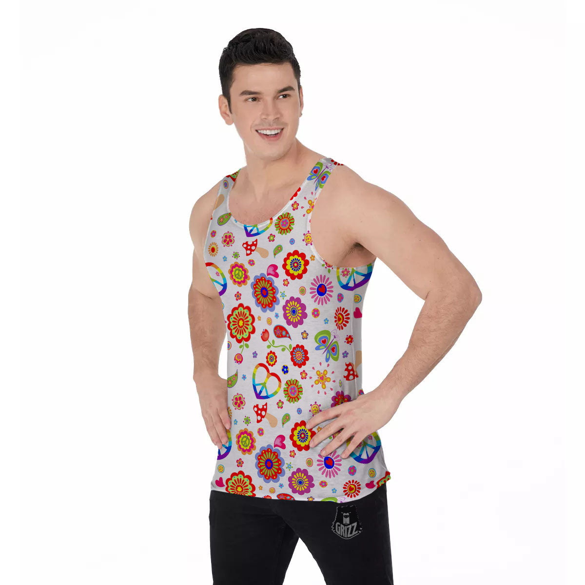 Heart Psychedelic Peace Sign Print Pattern Men's Tank Top-grizzshop
