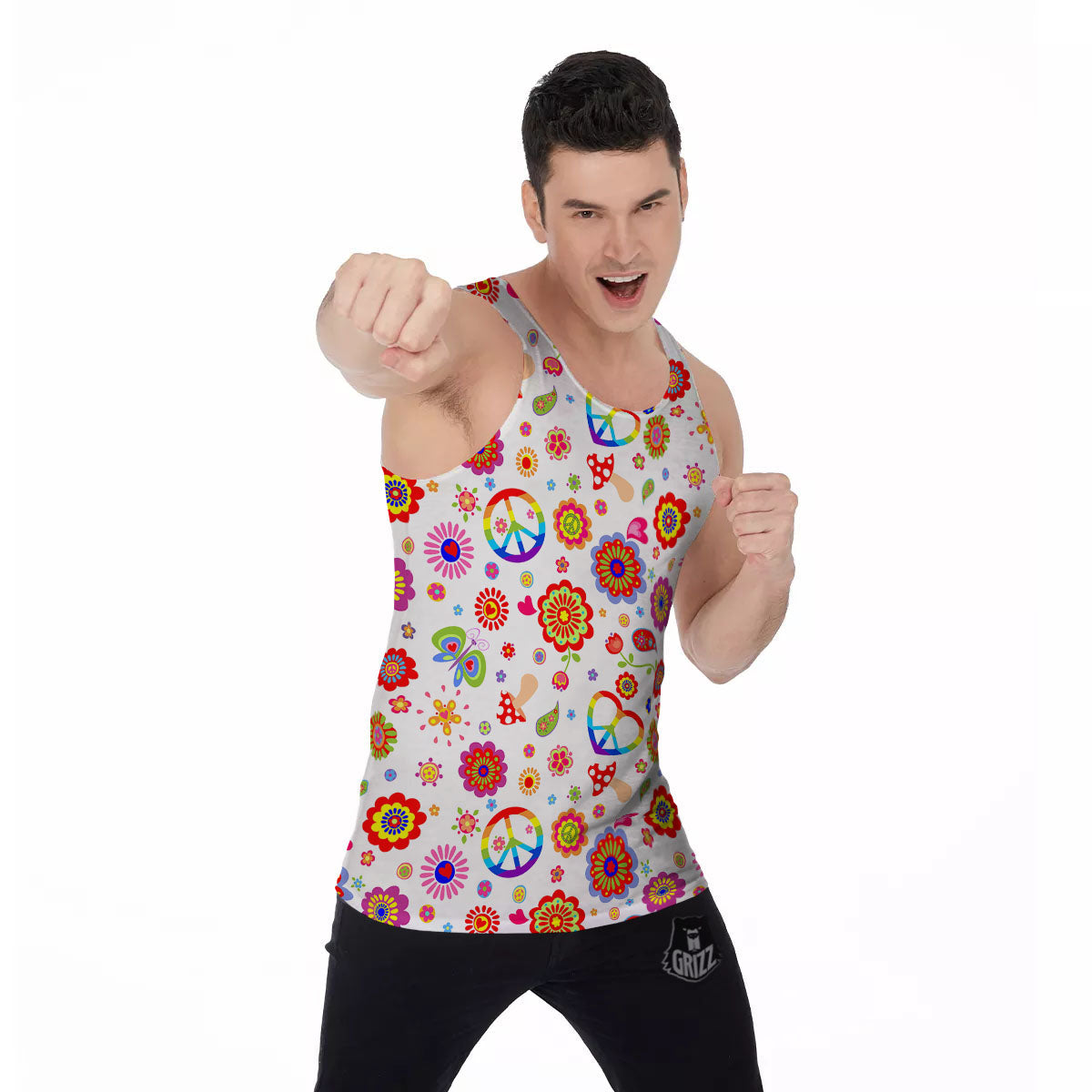 Heart Psychedelic Peace Sign Print Pattern Men's Tank Top-grizzshop