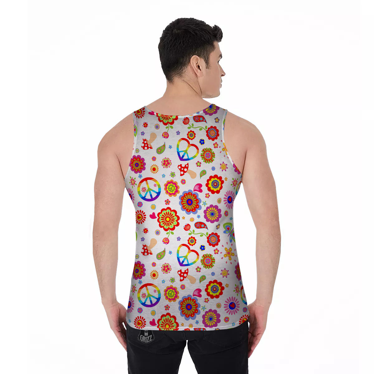 Heart Psychedelic Peace Sign Print Pattern Men's Tank Top-grizzshop