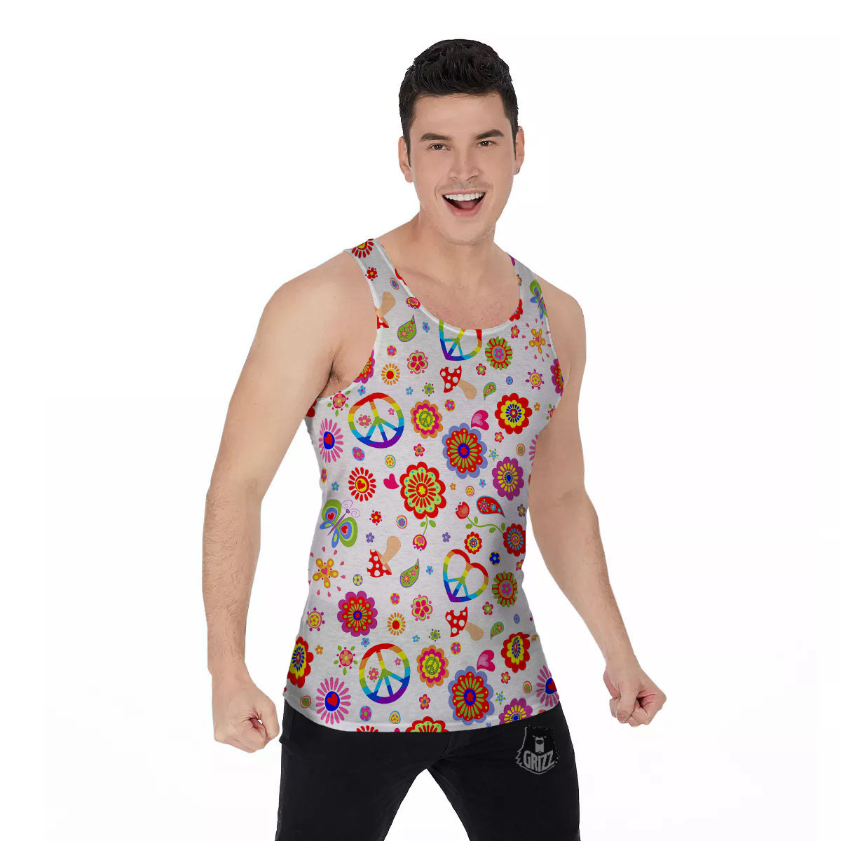 Heart Psychedelic Peace Sign Print Pattern Men's Tank Top-grizzshop