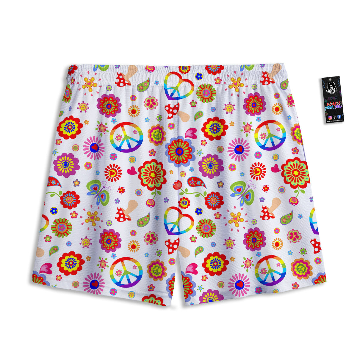 Heart Psychedelic Peace Sign Print Pattern Mesh Shorts