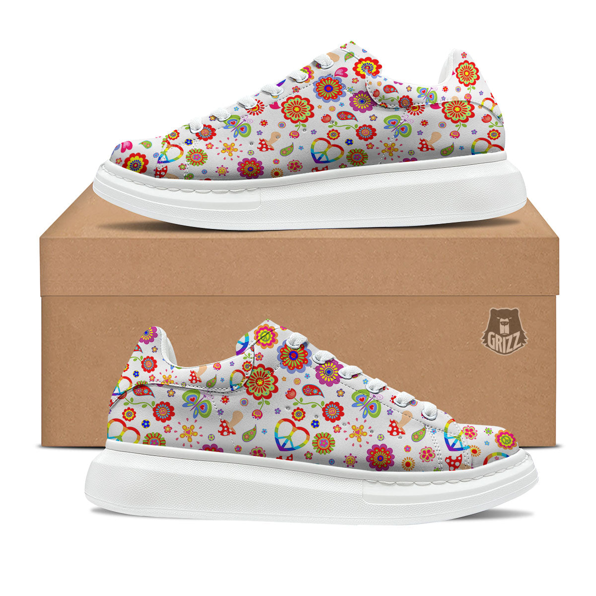 Heart Psychedelic Peace Sign Print Pattern Platform Shoes-grizzshop