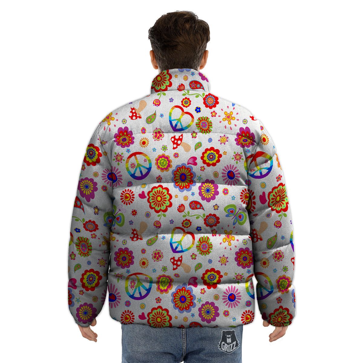 Heart Psychedelic Peace Sign Print Pattern Puffer Jacket-grizzshop
