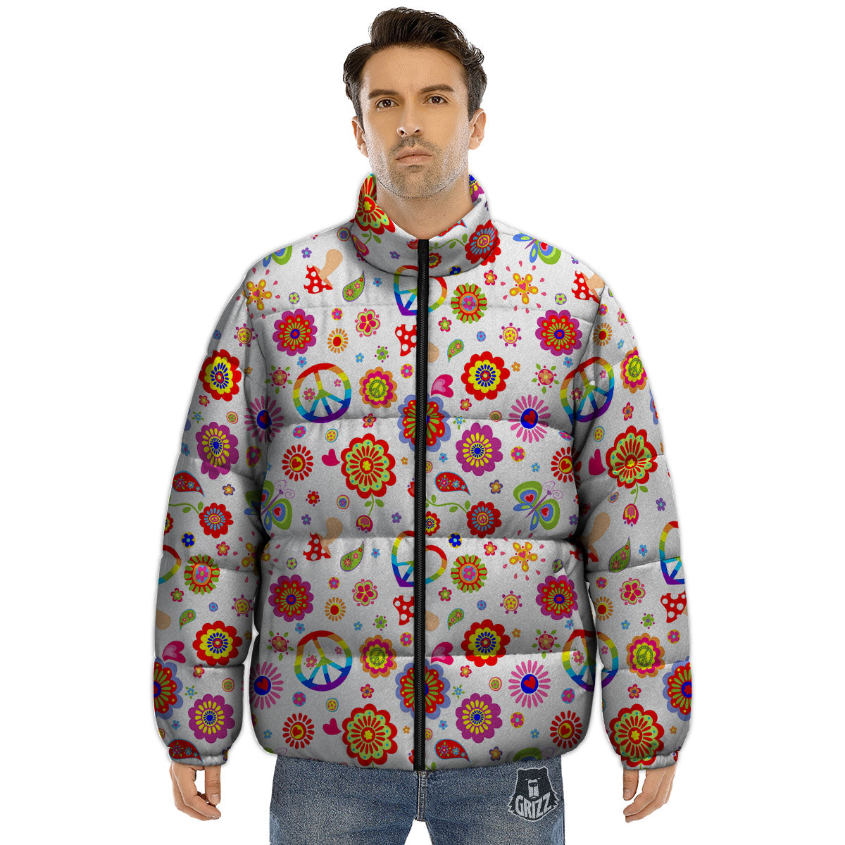 Heart Psychedelic Peace Sign Print Pattern Puffer Jacket-grizzshop
