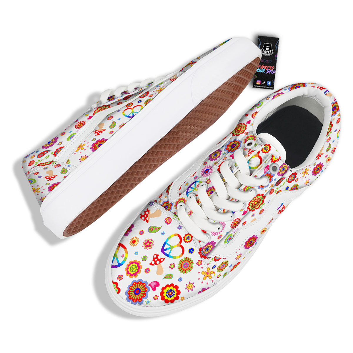 Heart Psychedelic Peace Sign Print Pattern Skate Shoes-grizzshop