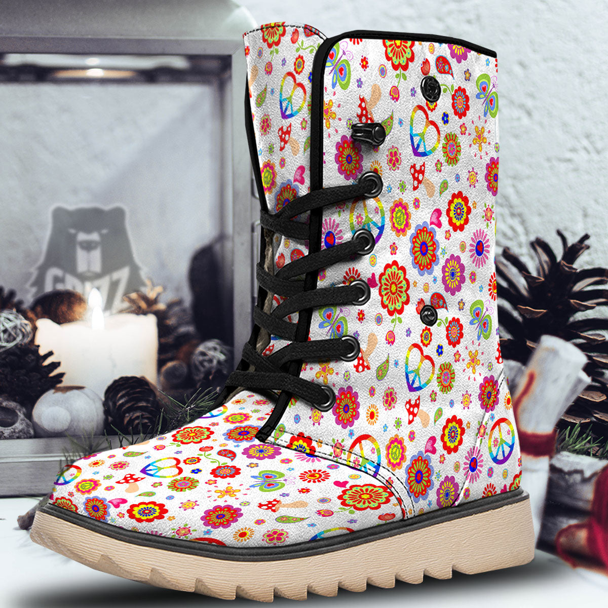 Heart Psychedelic Peace Sign Print Pattern Snow Boots-grizzshop