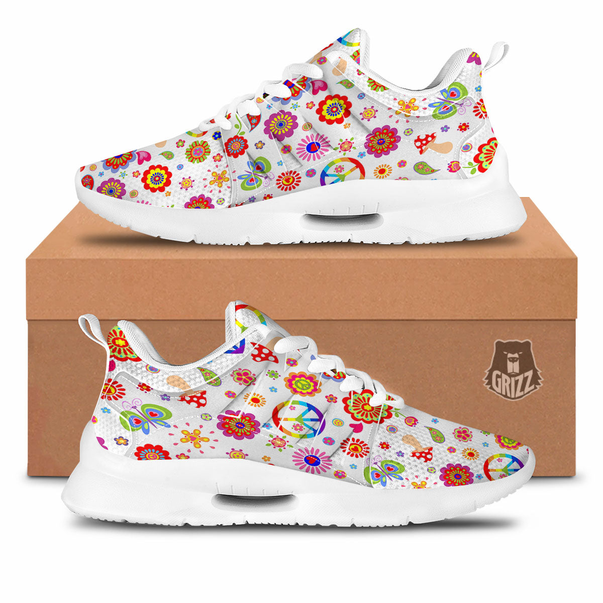 Heart Psychedelic Peace Sign Print Pattern Tennis Shoes-grizzshop