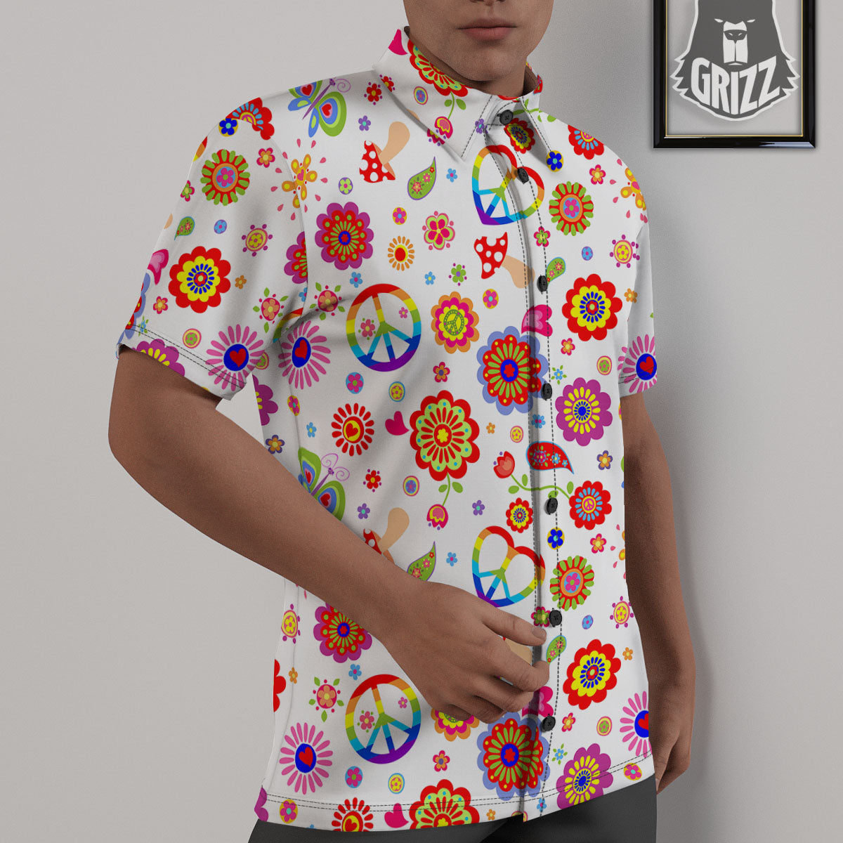 Heart Psychedelic Peace Sign Print Pattern Untucked Shirts-grizzshop