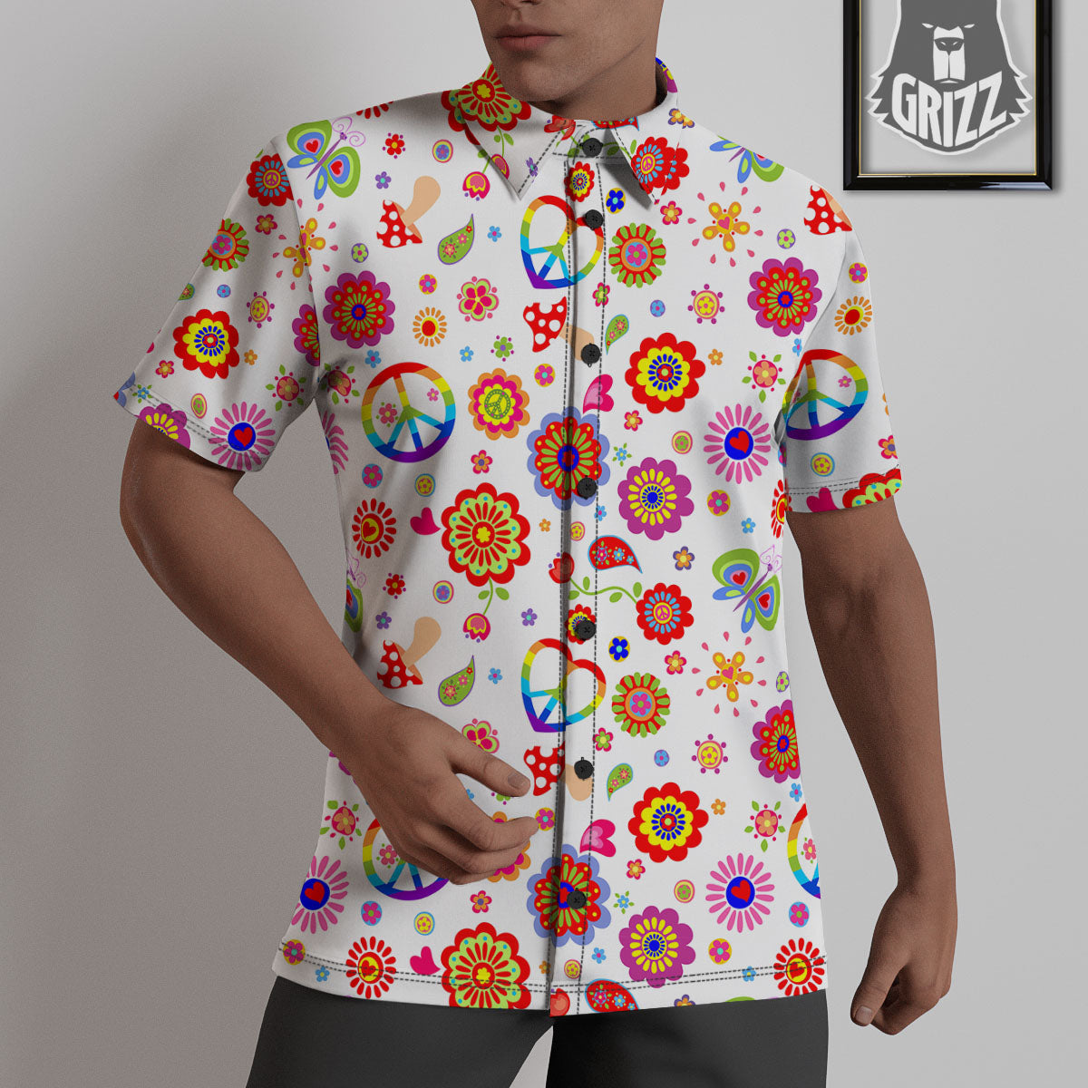 Heart Psychedelic Peace Sign Print Pattern Untucked Shirts-grizzshop