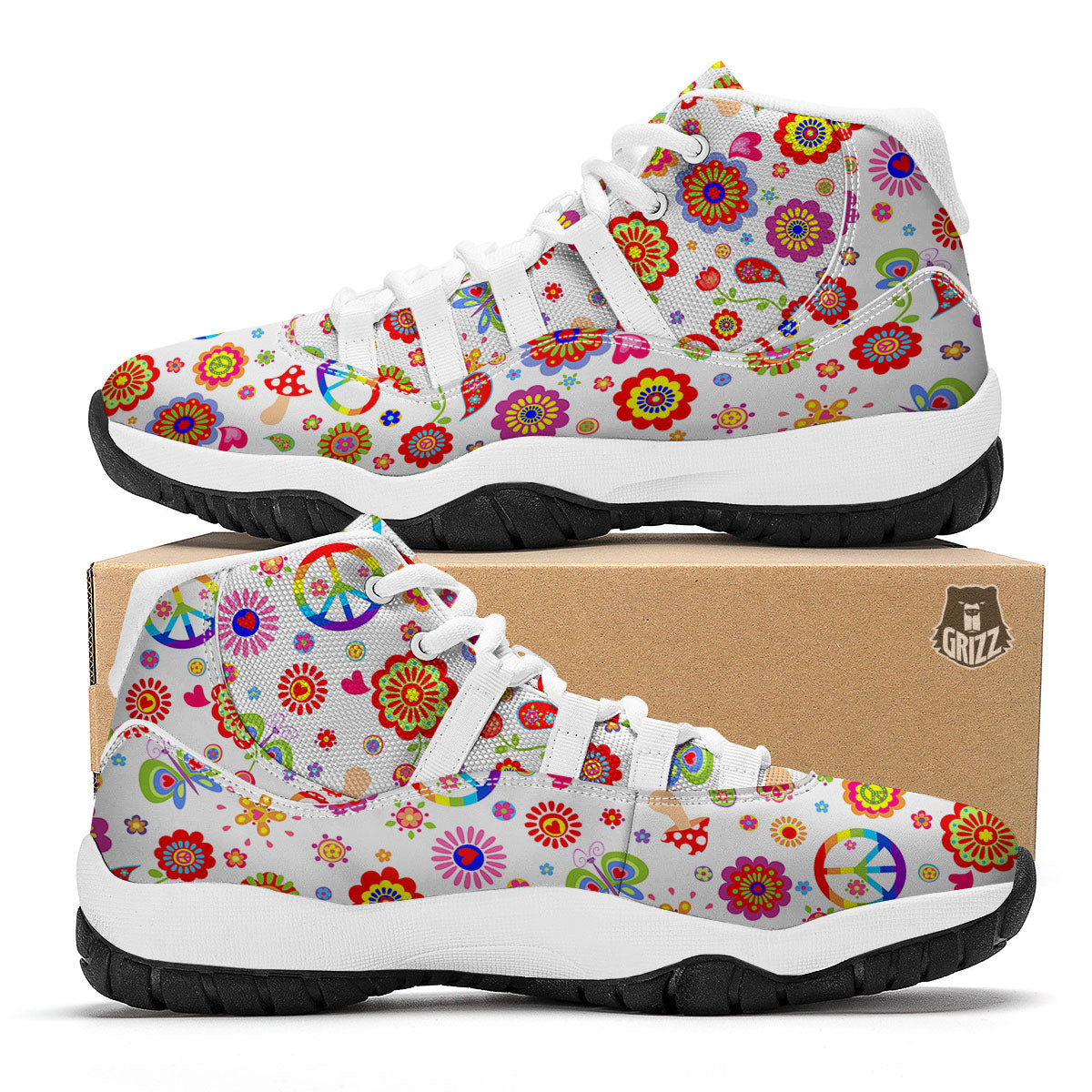 Heart Psychedelic Peace Sign Print Pattern White Bball Shoes-grizzshop