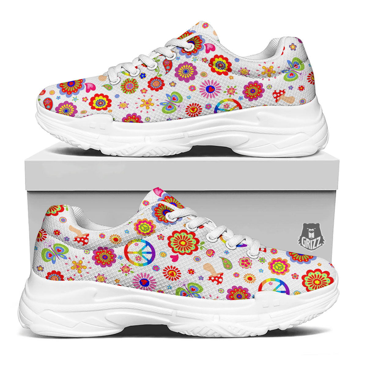 Heart Psychedelic Peace Sign Print Pattern White Chunky Shoes-grizzshop