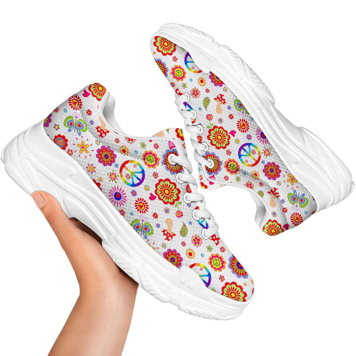 Heart Psychedelic Peace Sign Print Pattern White Chunky Shoes-grizzshop