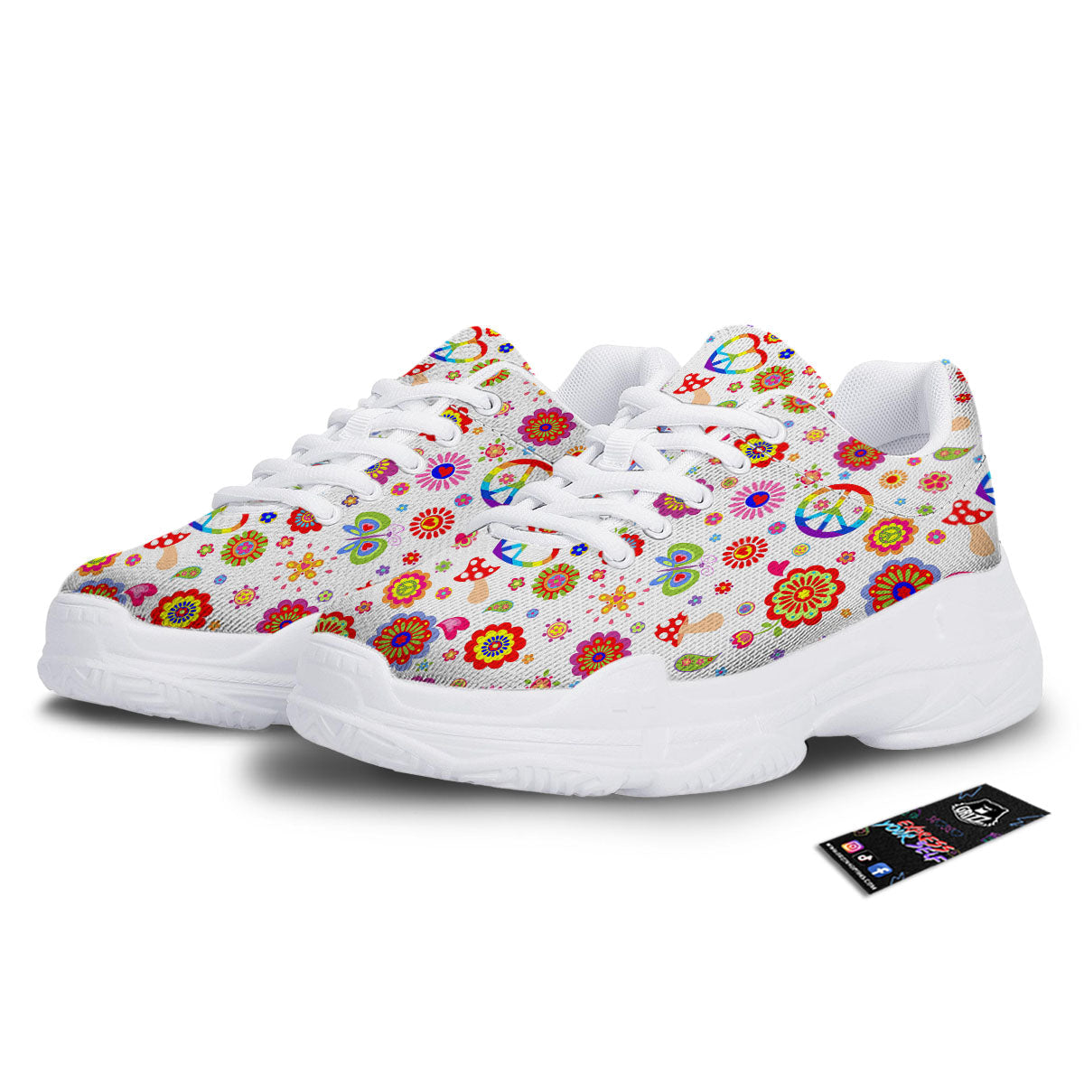 Heart Psychedelic Peace Sign Print Pattern White Chunky Shoes-grizzshop