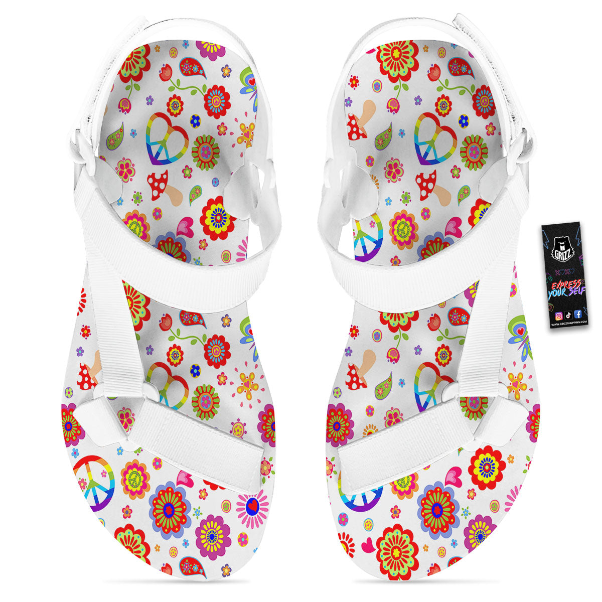 Heart Psychedelic Peace Sign Print Pattern White Open Toe Sandals-grizzshop
